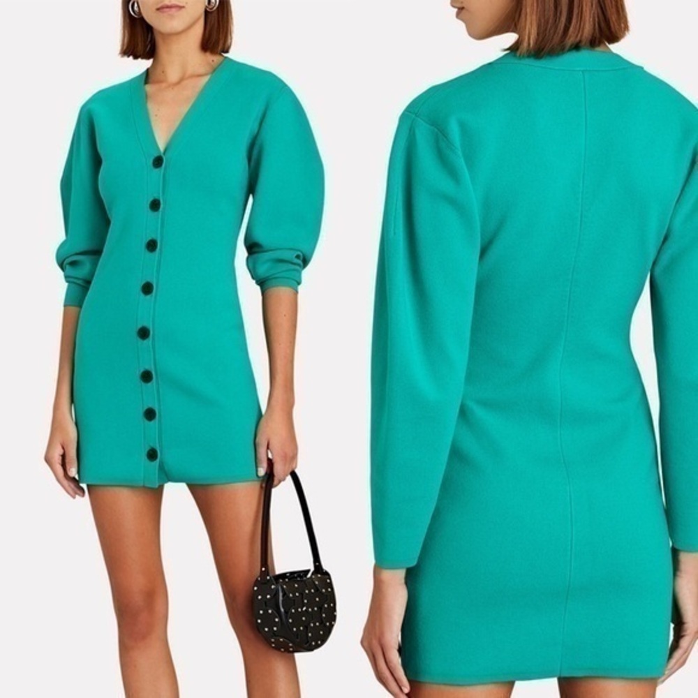 ALC Nate Knit Green Turquoise V-neck Long Sleeve Button Mini Dress M